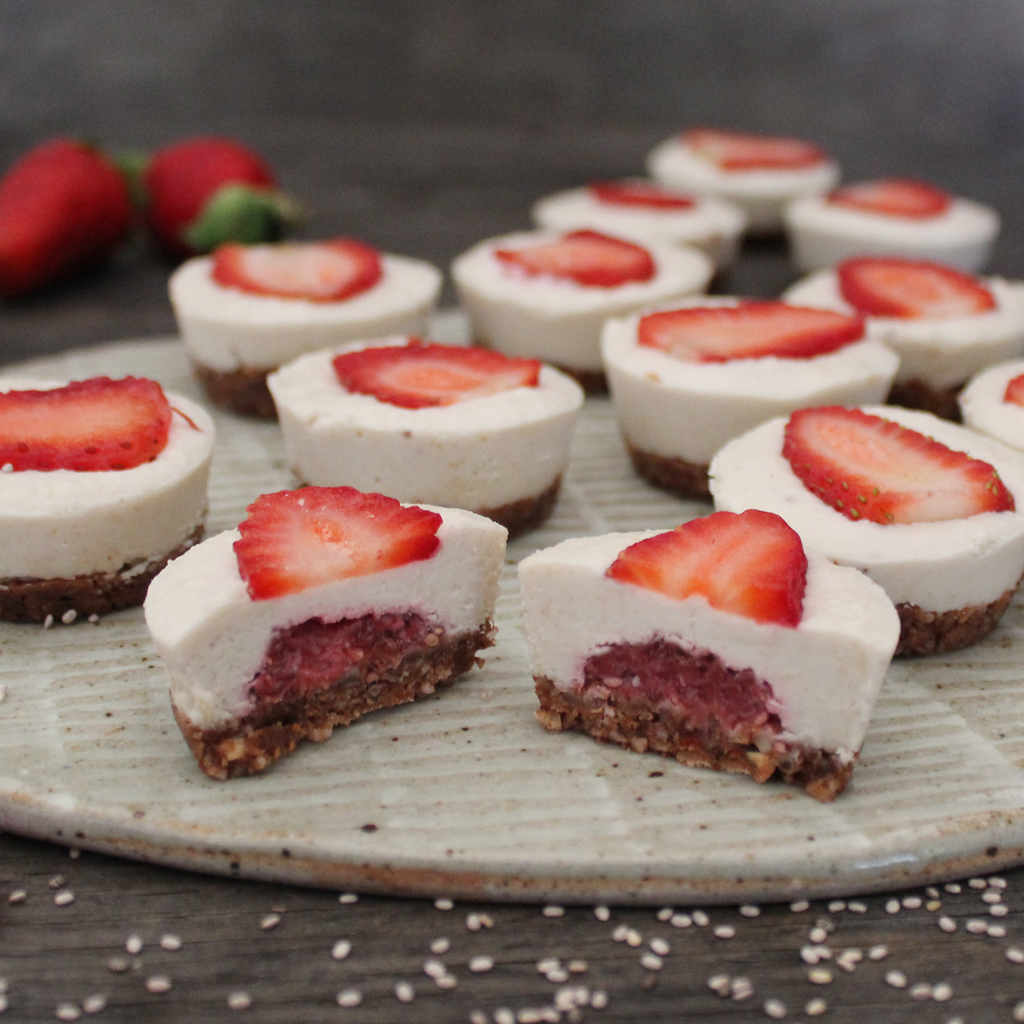 Raw coconut yoghurt & strawberry chia jam cheesecakes